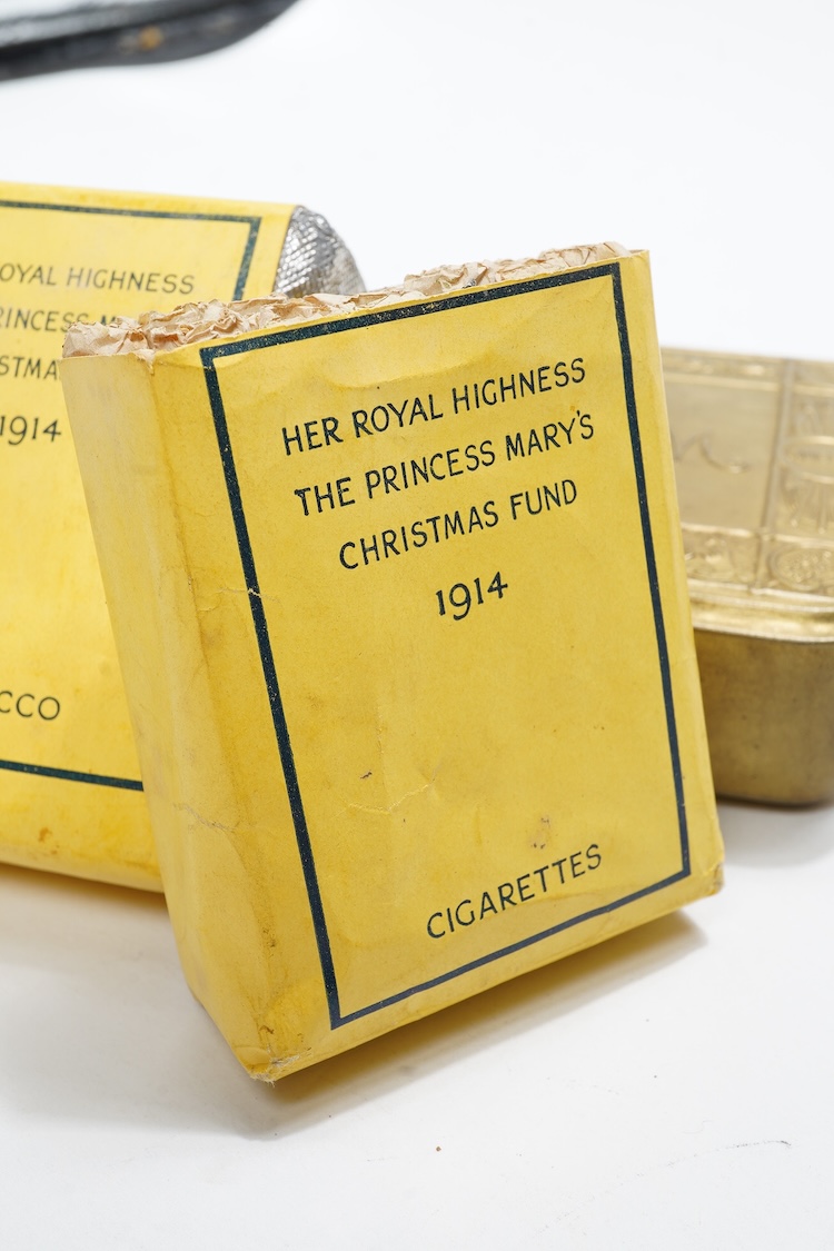 A 1914 Princess Mary Christmas tin containing the original sealed packet of tobacco, the packet of cigarettes and the Christmas card
